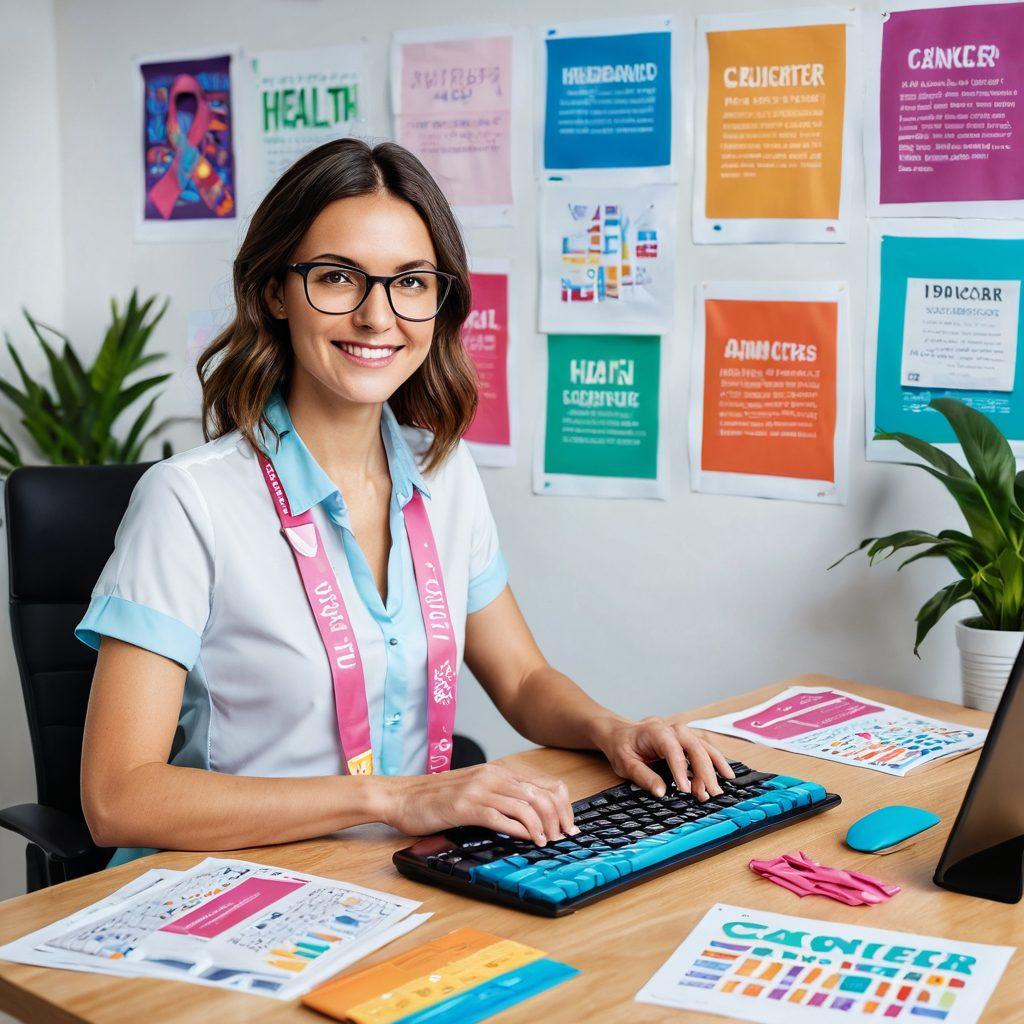 A vibrant, engaging workspace featuring a colorful keyboard with letters morphing into cancer-awareness ribbons. A cheerful person practicing typing, surrounded by educational posters about health and wellness. In the background, a digital tablet displaying informative cancer facts. The atmosphere exudes positivity and motivation. vibrant colors. flat design.