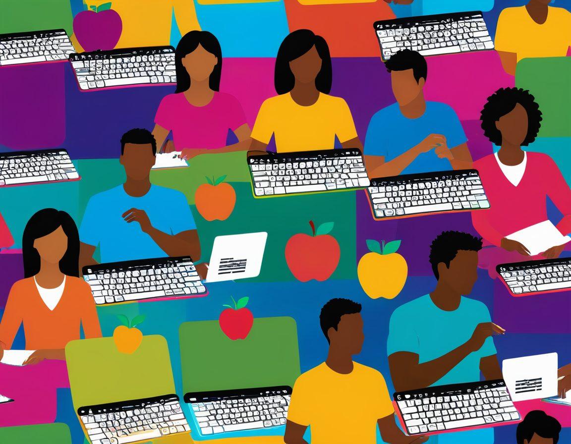 A dynamic scene depicting diverse individuals engaged in various interactive typing challenges on colorful computers, with vibrant icons representing health awareness concepts like fruits, exercise, and wellness popping up around them. Include uplifting expressions on their faces to convey excitement and engagement. Background filled with abstract health-themed graphics and a gradient to evoke energy and motivation. digital art. bright colors. lively atmosphere.