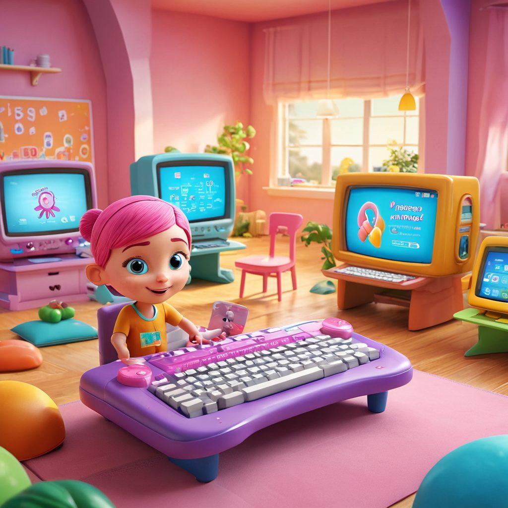 A vibrant and engaging scene depicting a colorful digital landscape where children are joyfully playing educational typing games focused on cancer prevention. Show interactive screens displaying fun facts about cancer along with animated characters promoting healthy habits. Include elements like keyboards, game controllers, and icons representing cancer awareness. Bright colors and a cheerful atmosphere to convey learning through play. super-realistic. vibrant colors. 3D.